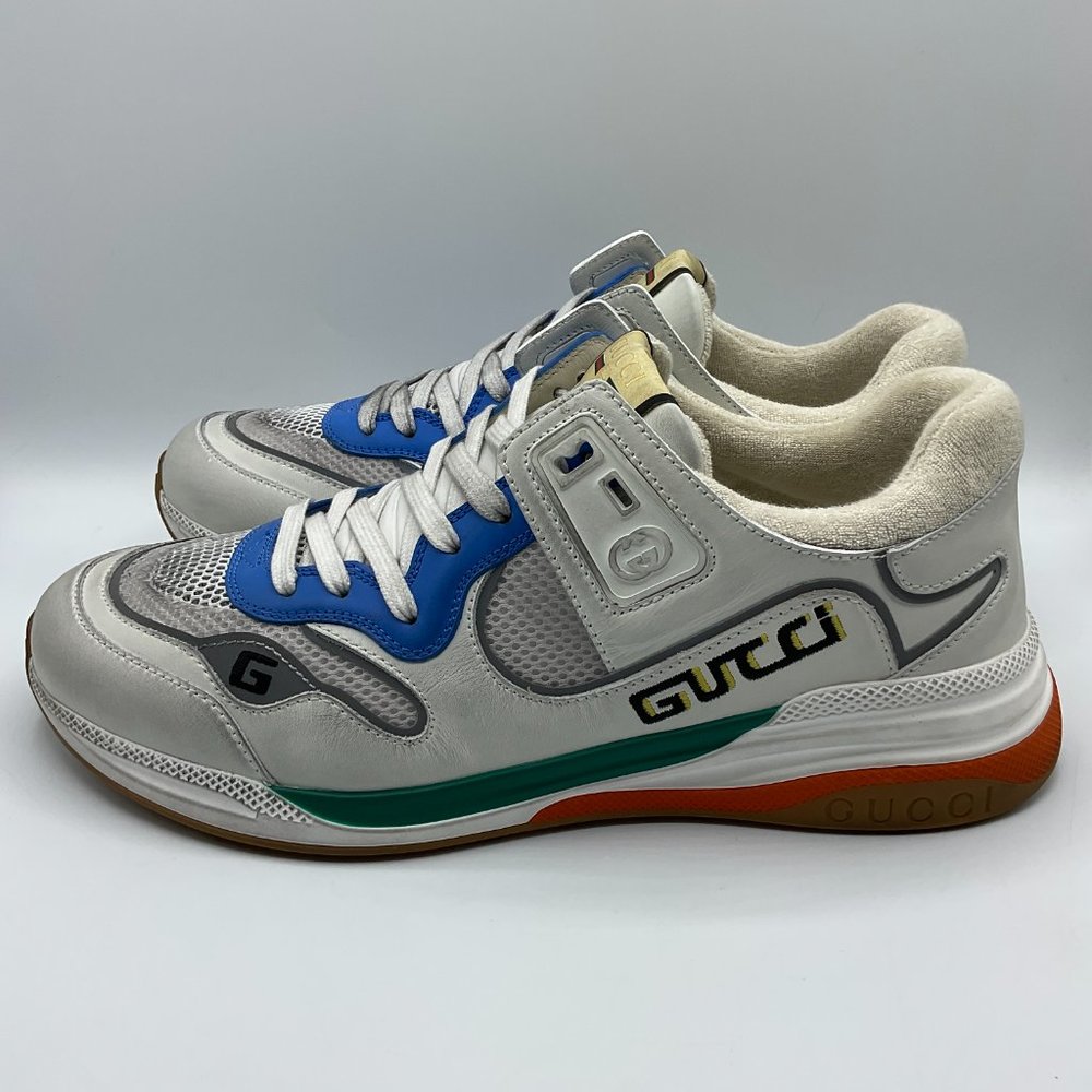 Gucci Ultrapace Leather & Mesh Sneakers White Blue Mens Size UK 10 US 10.5 - Picture 4 of 13